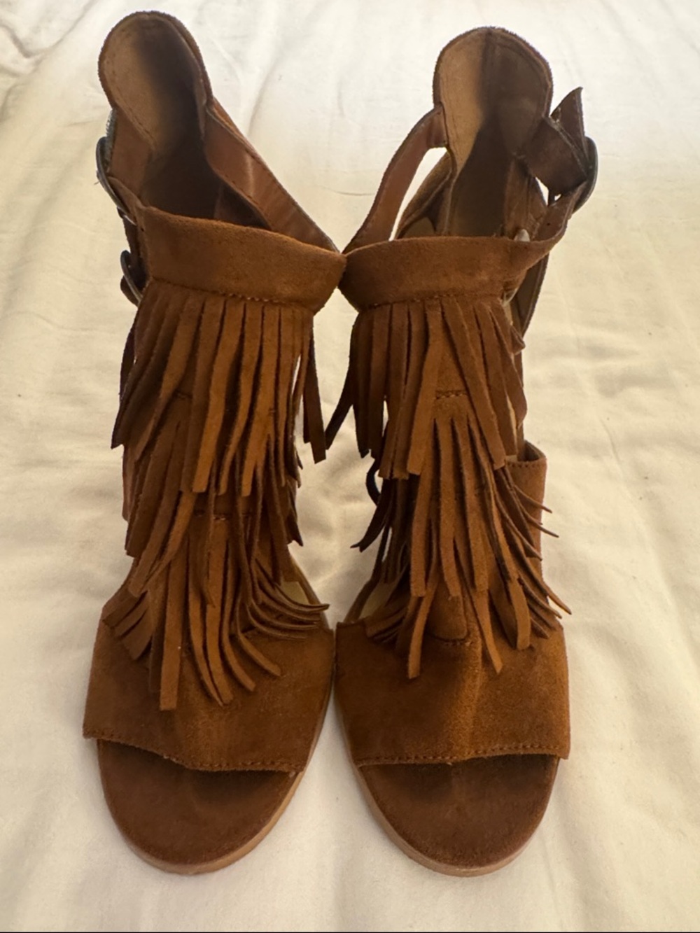 Brown Suede Fringe Open-Toe Women’s Heels